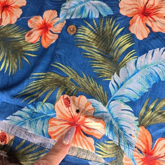 Tommy Bahama silk Mens Hawaiian Floral Short Sleeve Shirt L/ G Blue Orange Cotto - Picture 10 of 10